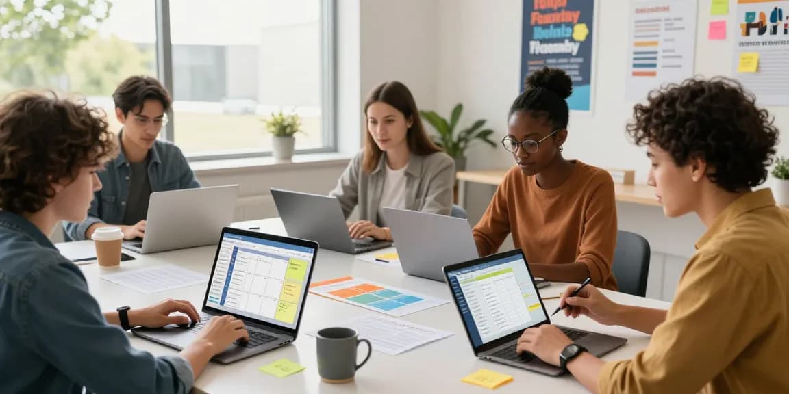 Teachers using EMStudio online teacher planner in a collaborative workspace for effective classroom management and lesson planning.