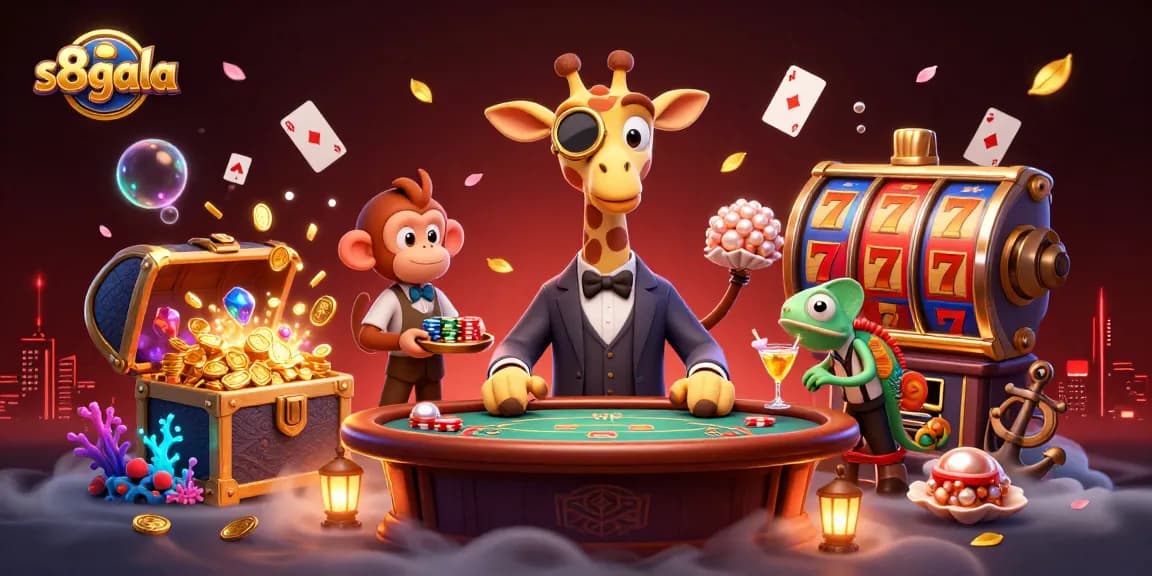 S8gala offers an exciting online gaming adventure with engaging slot reels and characters in a vibrant casino scene.