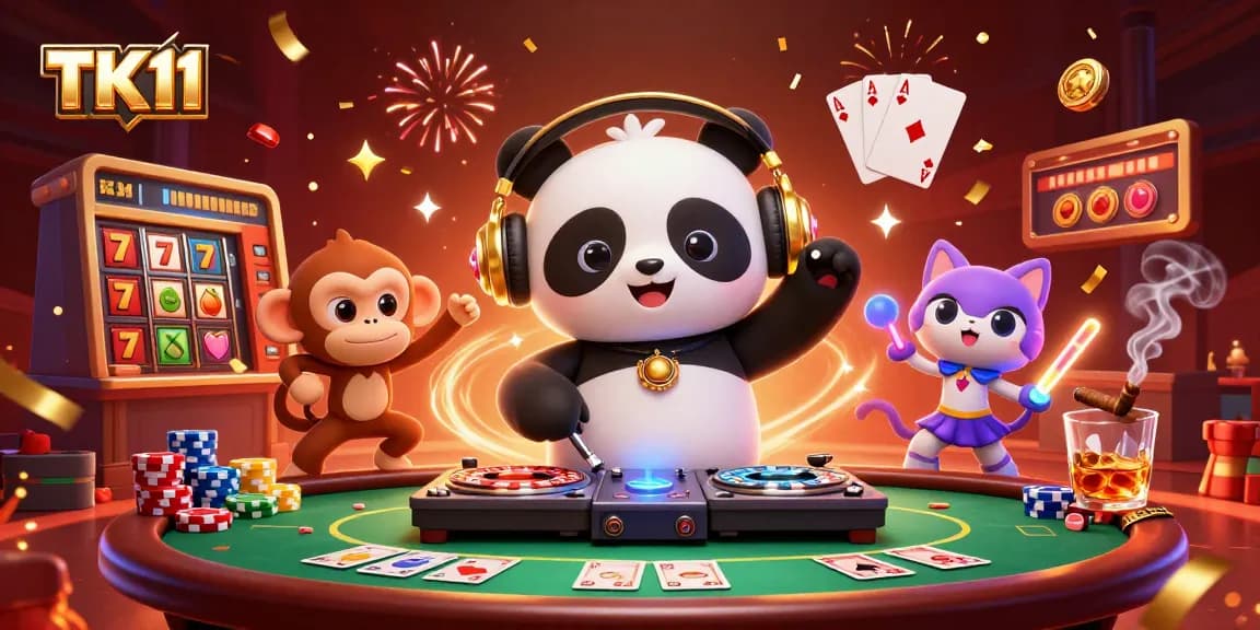 Engage with TK11's vibrant and dynamic 3D casino scene showcasing slot reels, poker chips, and lively characters.