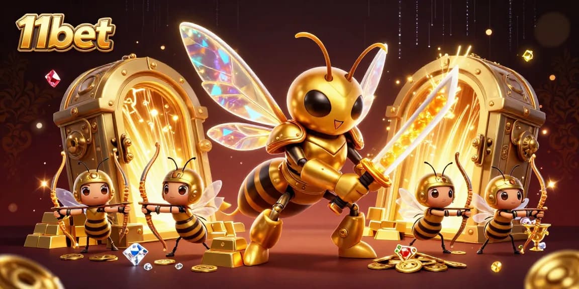 Experience thrilling gaming with 11bet featuring a vibrant 3D illustration of a golden hornet and treasure.