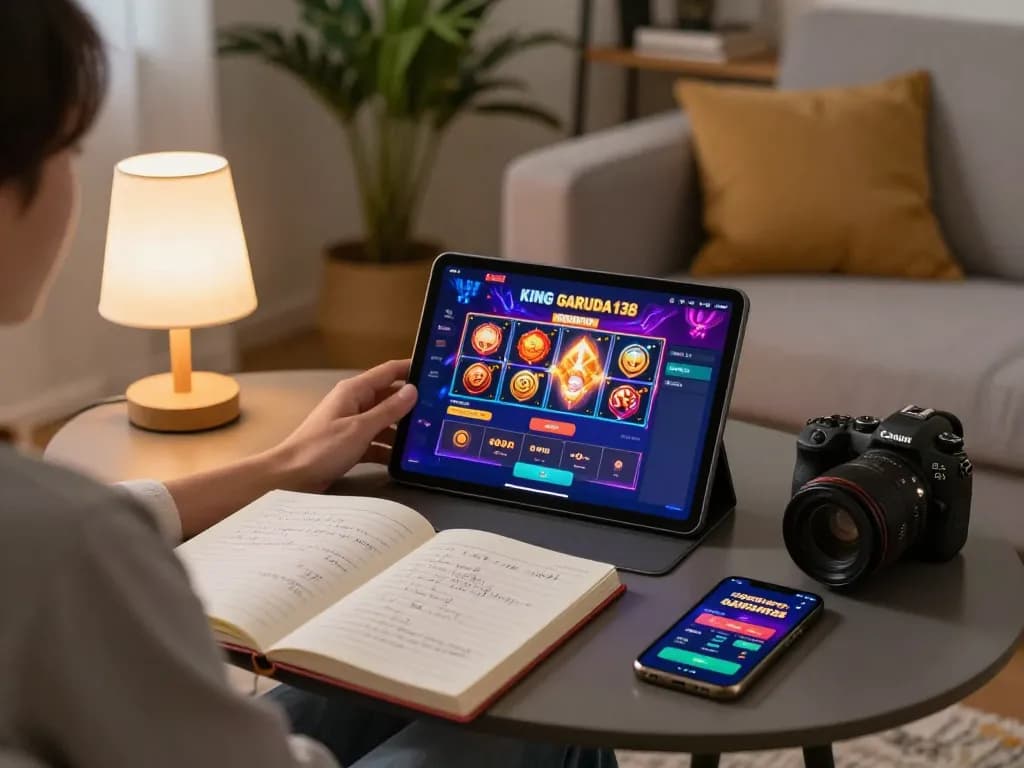 Engaging in online slots gameplay at KING GARUDA138 on a tablet in a cozy home setting.