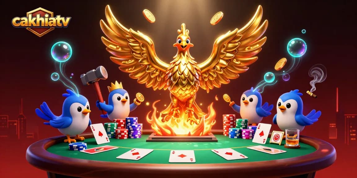 Cakhiatv features a molten metal phoenix amid dynamic poker elements, capturing the essence of thrilling gambling.