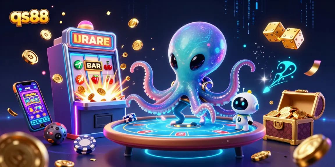 Experience high-stakes gaming action with qs88 as an alien octopus operates a holographic poker table.