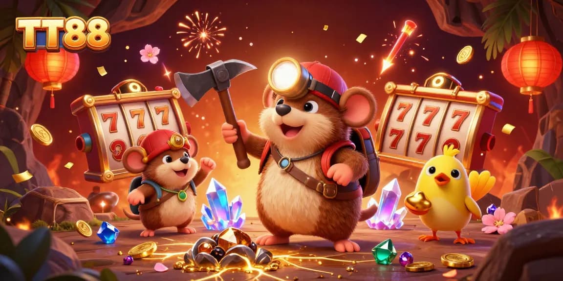 Engage with TT88's thrilling casino adventure featuring a treasure hunter mole and dynamic gaming elements.