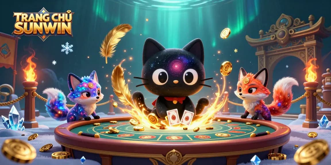 Engage with TRANG CHỦ SUNWIN at a cosmic casino where a black hole cat pulls in golden chips, surrounded by vibrant gambling elements.