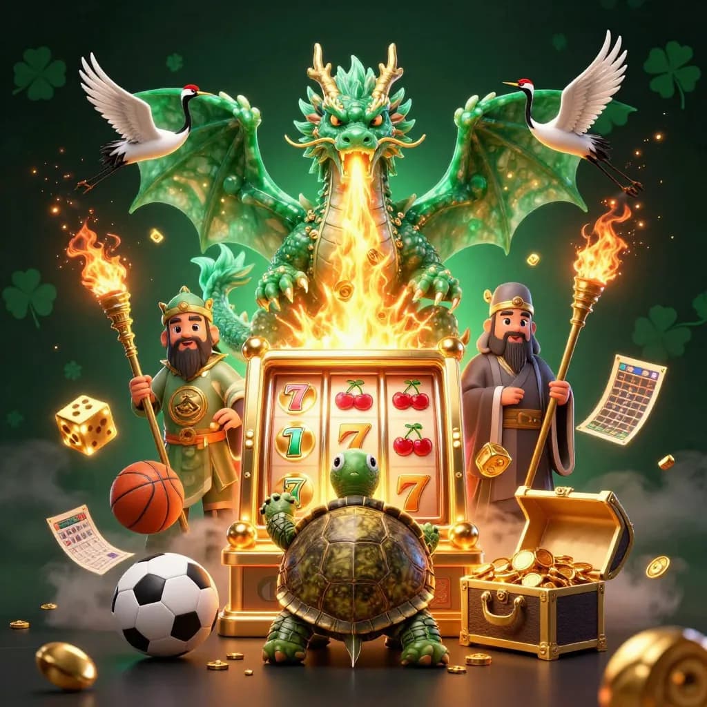 Emerald dragon, turtle sage, cranes, and casino treasures burst in golden light.