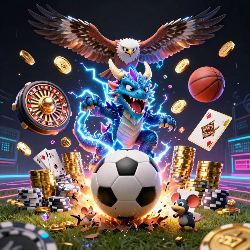 Thunder dragon, hawk and mouse above a soccer ball with casino chips, coins and neon lightning