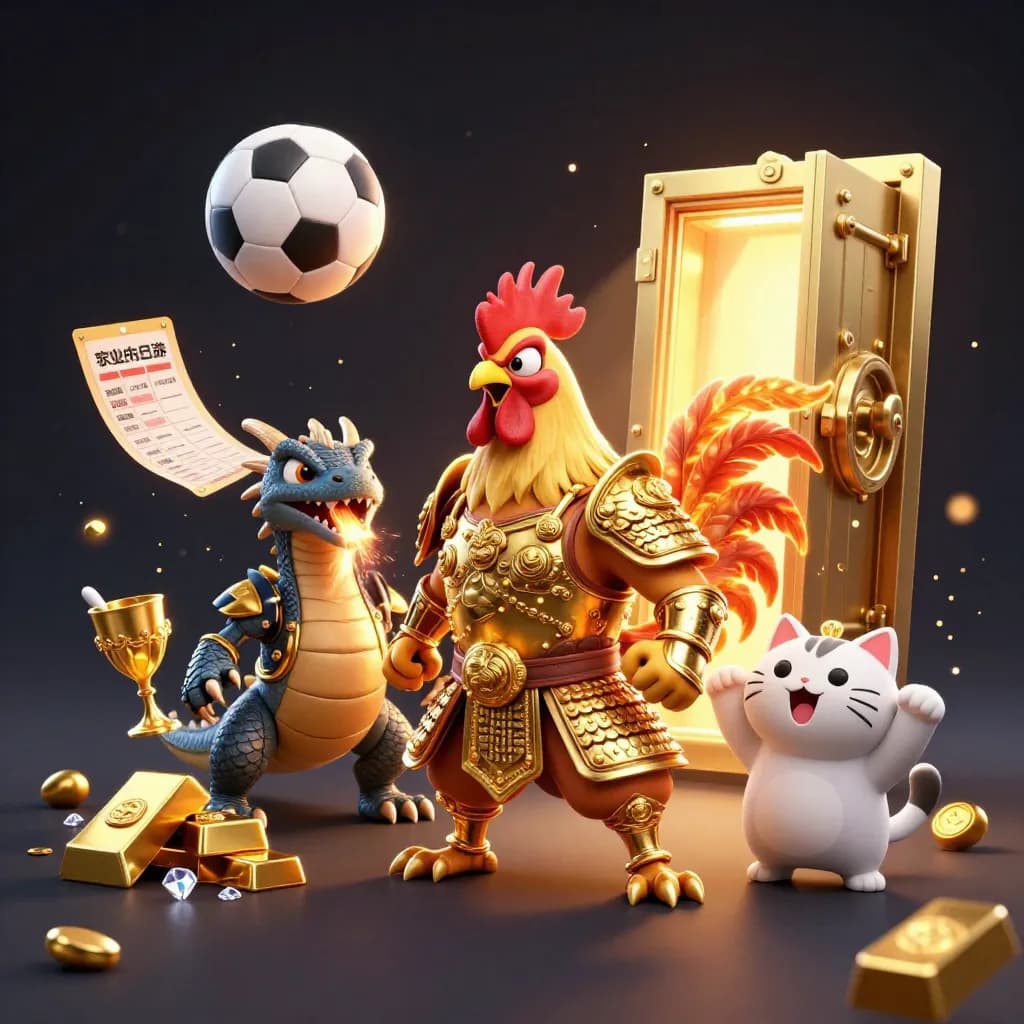 Rooster warrior, dragon hatchling and fortune-cat amid gold, balls and sparks on navy-gold casino key art.