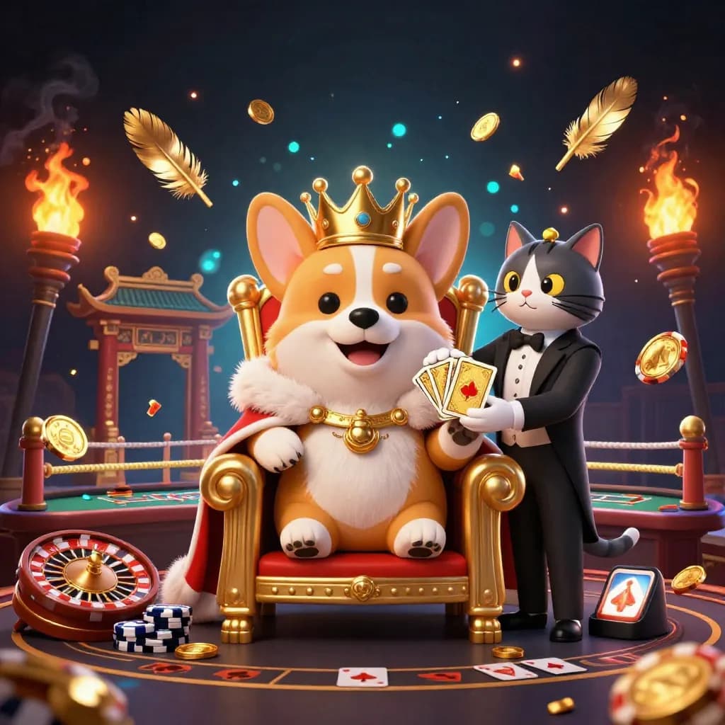 Royal corgi king and cat butler in a gold-lit casino fantasy with temple gate and spinning roulette wheel.