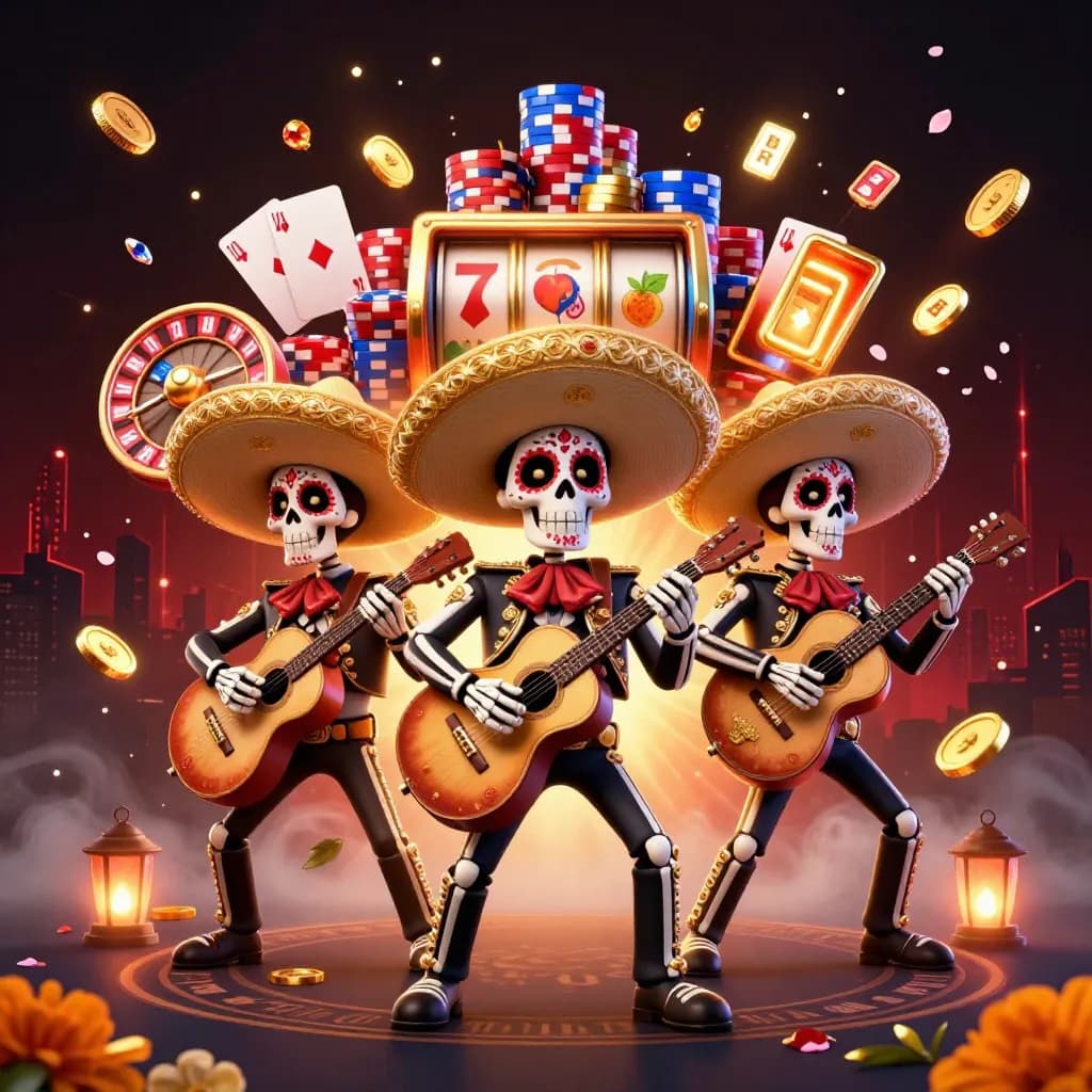 Three skeleton mariachi musicians with coins, roulette, chips, and glowing casino effects