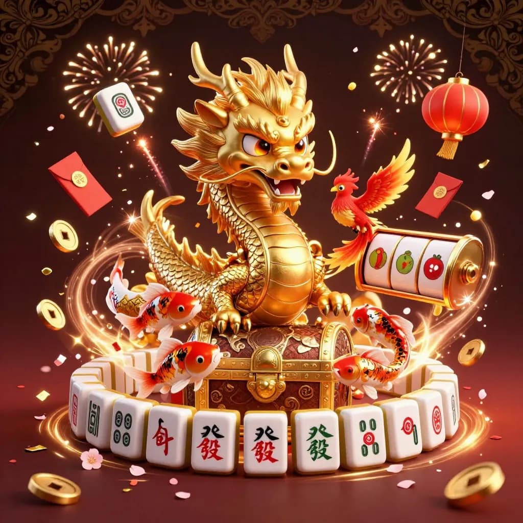 Golden dragon with phoenix, koi, mahjong tiles, coins, lanterns, and jackpot energy on a dark luxe casino background.