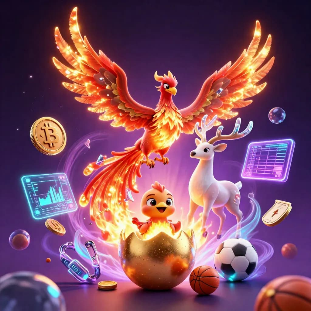 Phoenix, baby phoenix, and crystal stag amid gold coins and neon energy on a dark cosmic background.
