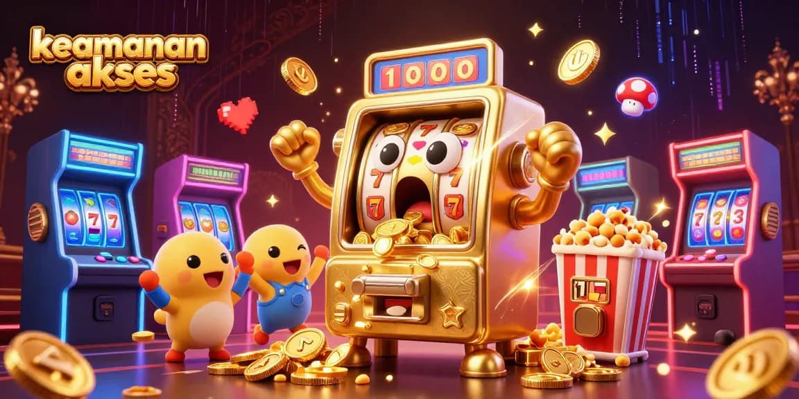 Experience the excitement of keamanan akses with a lively scene featuring a golden slot machine hitting the jackpot amidst cheering baby machines and arcade games.