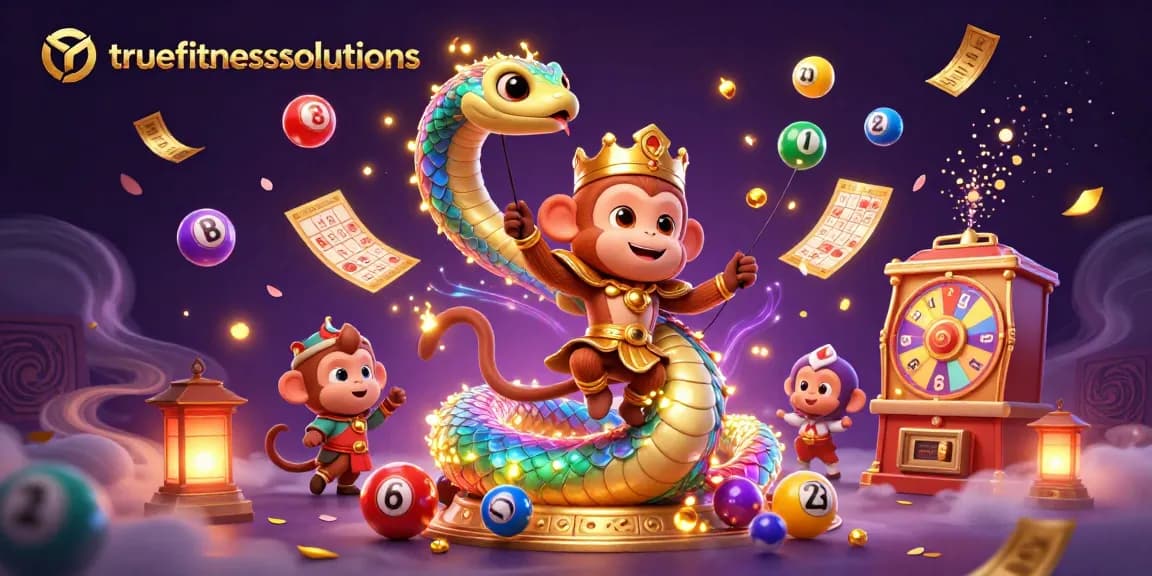 Join the excitement of gaming at truefitnesssolutions with a vibrant 3D scene of dynamic characters and colorful lottery elements.