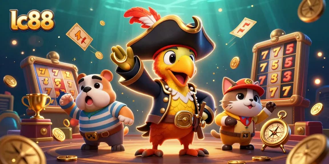 lc88 captures the thrilling action of a pirate captain directing a bustling casino scene with lively slot games.