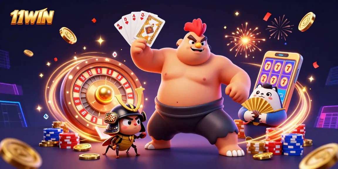 Experience the excitement of 11WIN with a dynamic casino illustration featuring thrilling game elements.