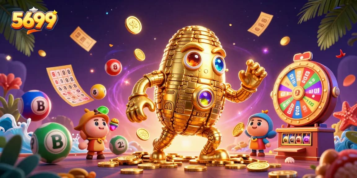 Engage with the thrilling gameplay of 5699, featuring a golden golem amidst vibrant lottery elements.