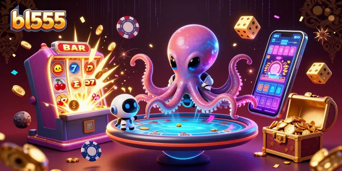 Experience thrilling games at bl555 with a colorful alien octopus at a poker table surrounded by jackpot wins.