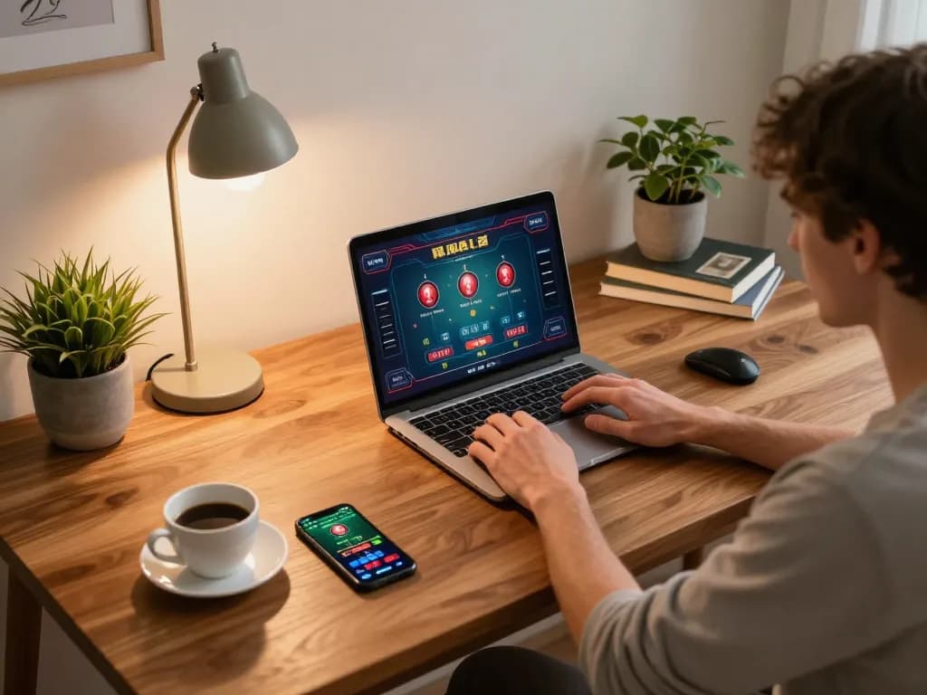 Player engaging in online gaming at home with Hay88, surrounded by cozy decor and strategic elements.
