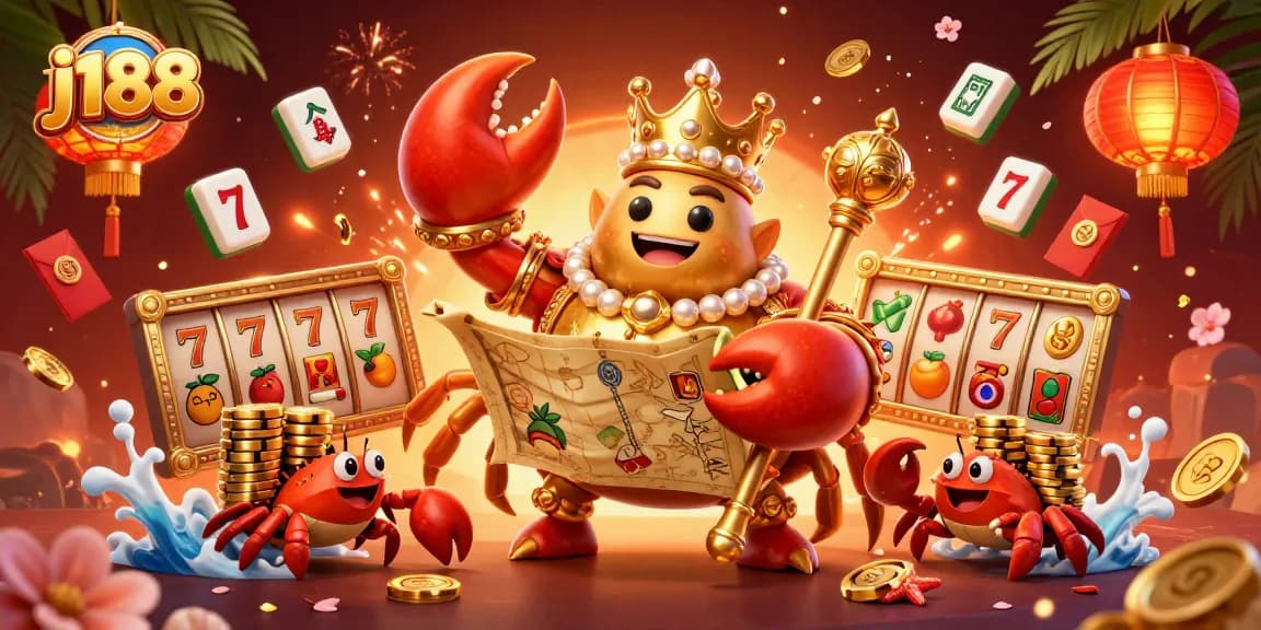 Play exciting games at j188 featuring a golden crab emperor and vibrant slot machines for an unforgettable experience.