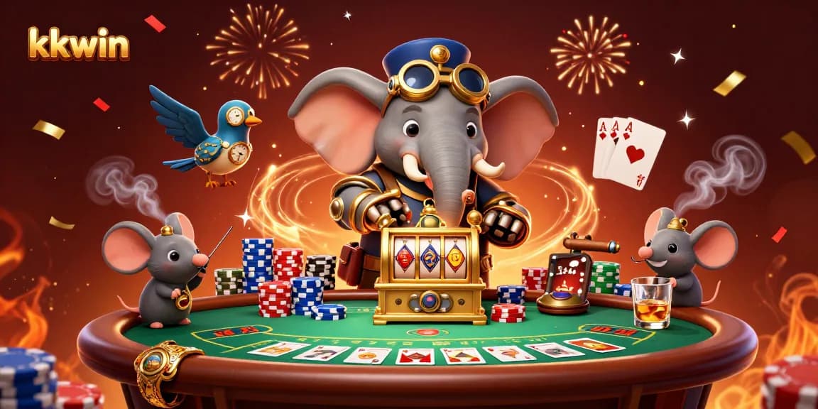 Engage with kkwin as the steampunk elephant spins a slot machine, immersed in a vibrant casino scene.