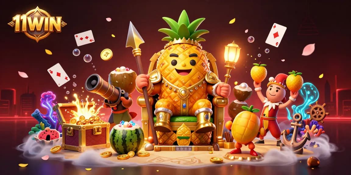 Engage with thrilling 11WIN casino experiences, featuring a vibrant tropical casino scene with dazzling elements.