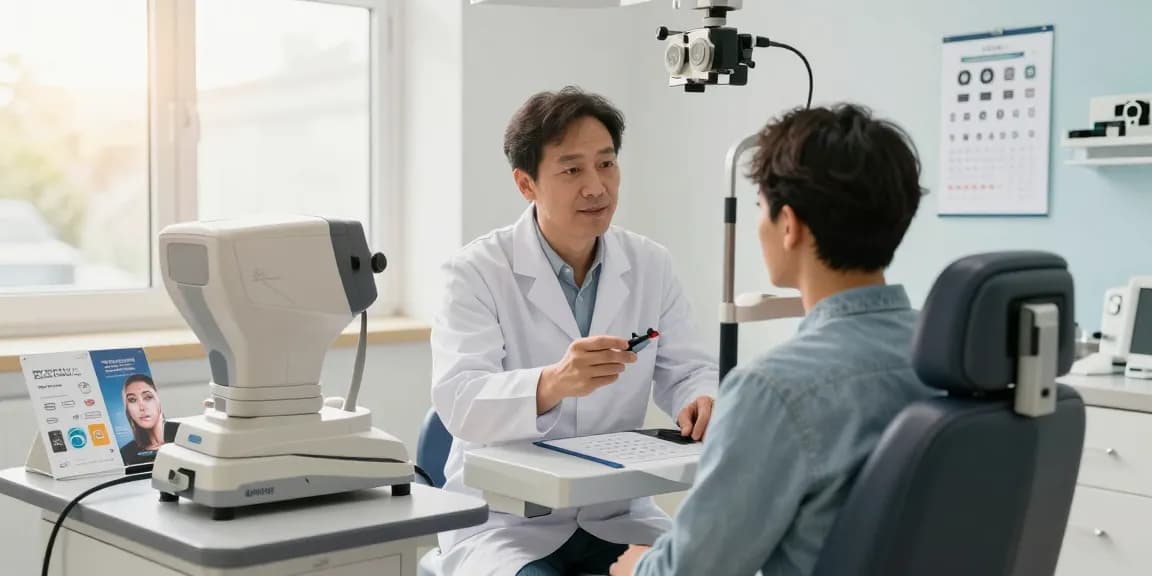 SNU Eye Clinic examination with doctor consulting patient on eye health and advanced diagnostic tools in a calming environment.