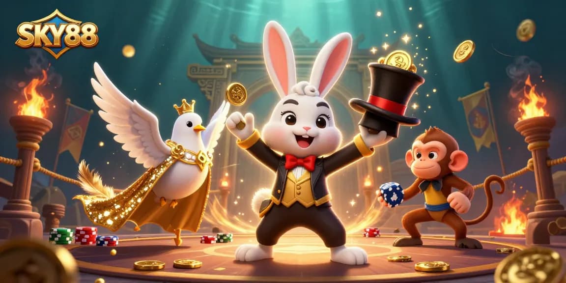 Experience thrilling wins with SKY88’s magical casino scene featuring a rabbit, dove, and monkey.