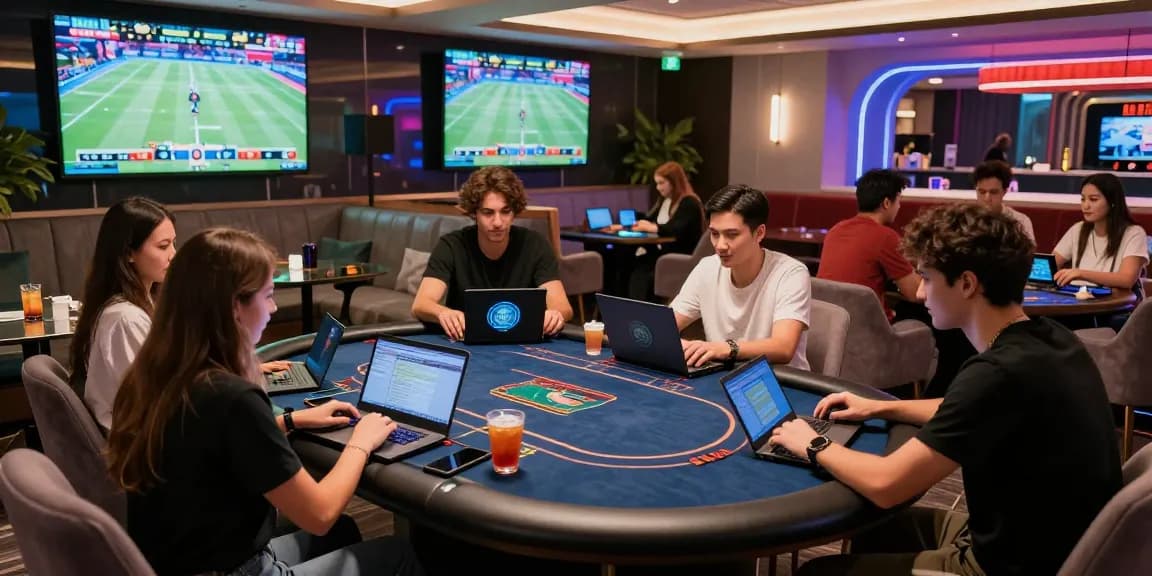 Experience the excitement of LC88 casino with friends at a vibrant gaming lounge.