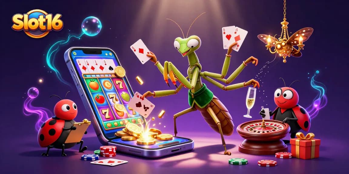 Engage with Slot16 as a dynamic casino scene featuring a cartoon mantis dealing cards and a ladybug overseeing gameplay.