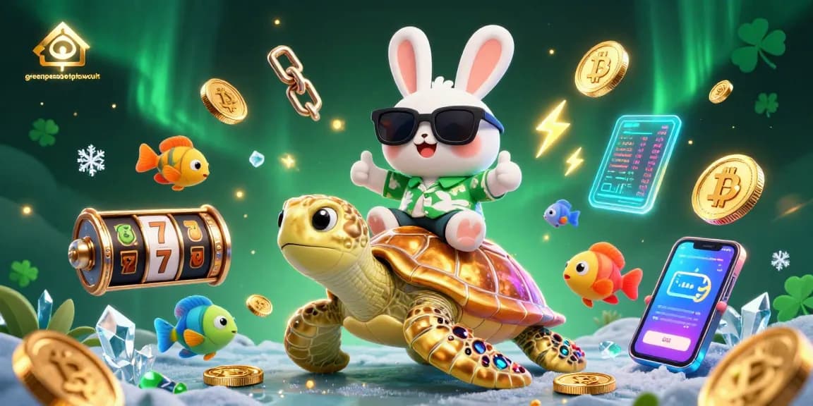 Engage with the greenpeaceetplawsuit gaming scene, featuring a lucky rabbit and sea turtle amidst slot reels and crypto elements.