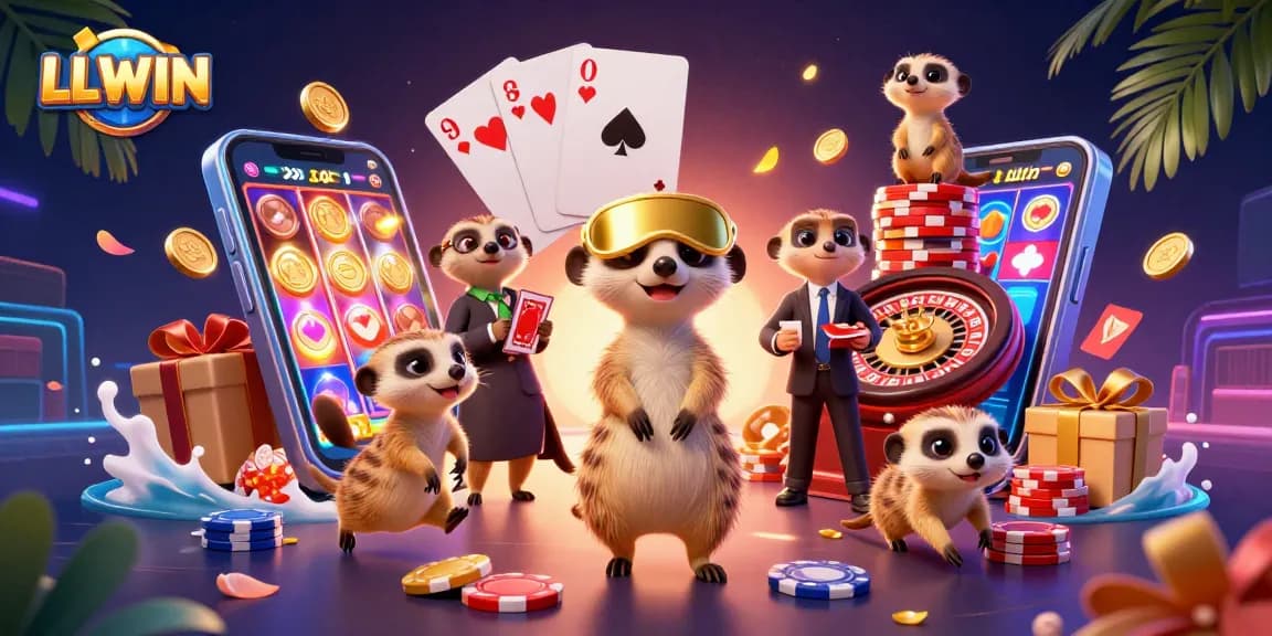 LLWIN casino meerkats operate an epic gaming experience with vibrant slot games, creating an engaging scene.