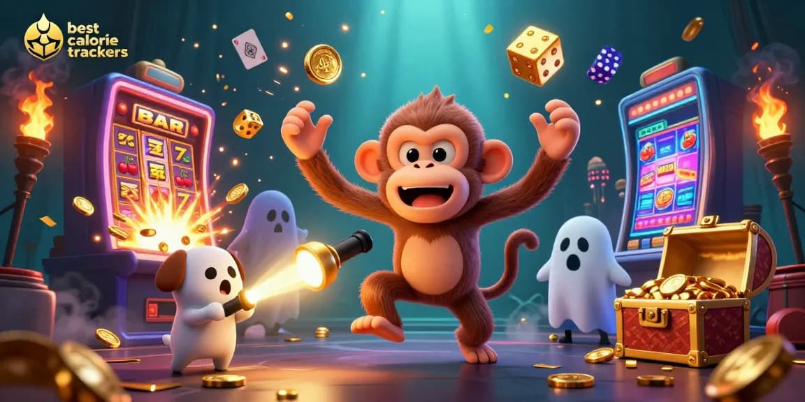 Engage with the best calorie trackers in a casino-themed illustration showcasing a playful monkey juggling golden objects among slot machines and a curious puppy.