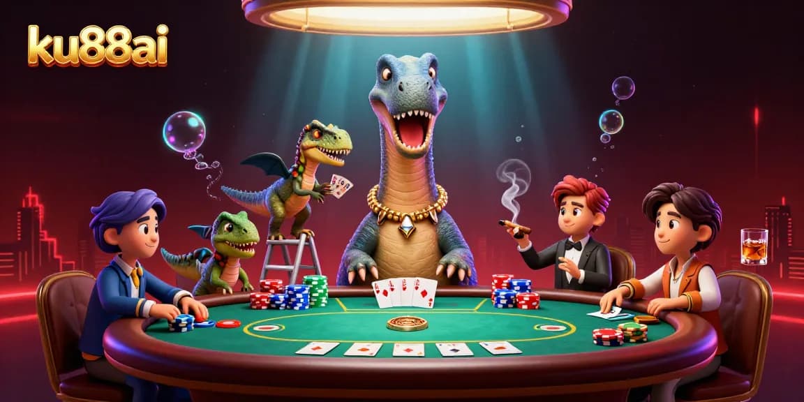 Engage with exciting poker action at ku88ai with a giant brontosaurus and raptor dealer.