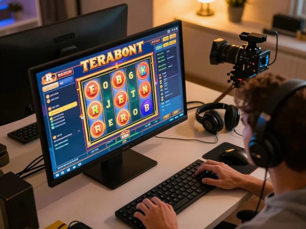 Playing slot terbaru online with vibrant reels spinning, focused gamer in cozy home setting