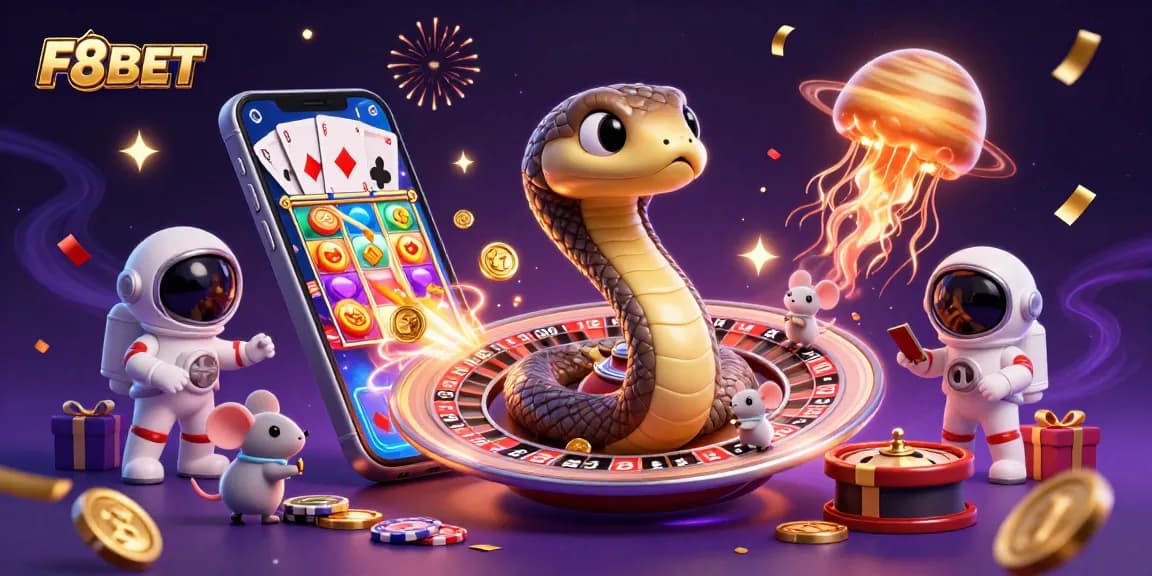 F8BET players enjoying a vibrant casino scene with a 3D Saturn snake roulette wheel and astronaut mice betting.