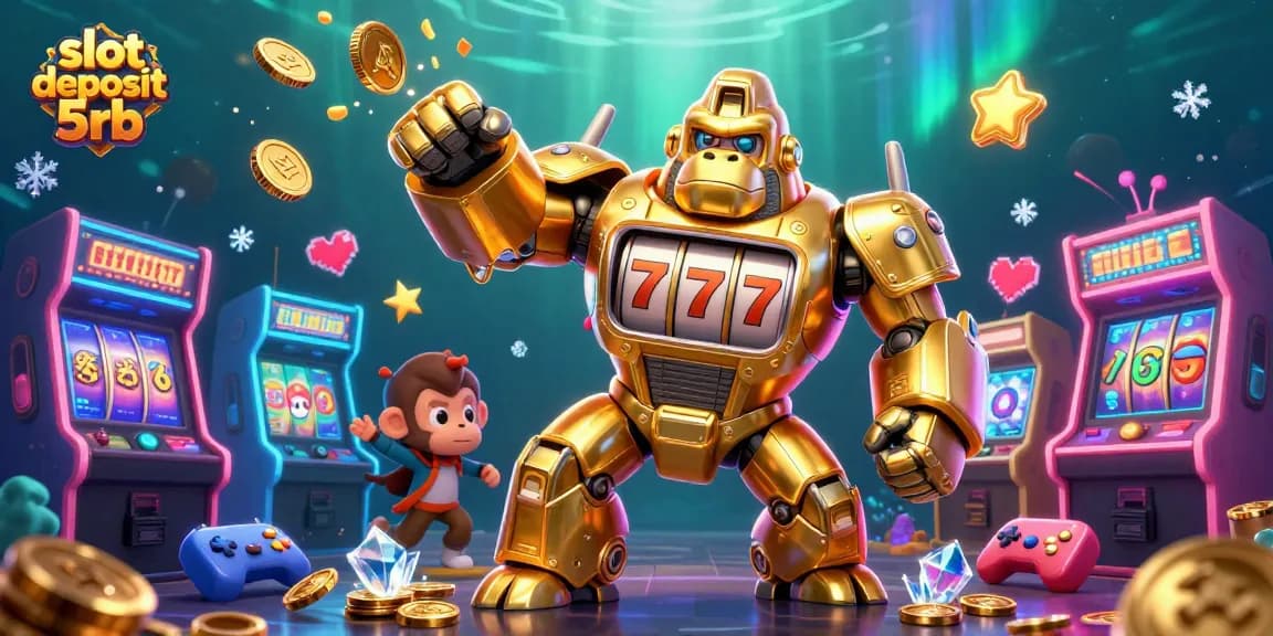 Spin the reels with slot deposit 5rb's 3D golden gorilla mech and vibrant gaming elements.