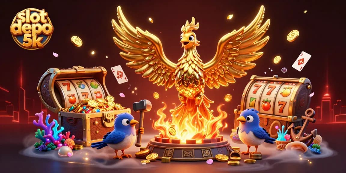 Engage with the excitement of slot depo 5k as a molten phoenix creates coins amidst vibrant casino elements.