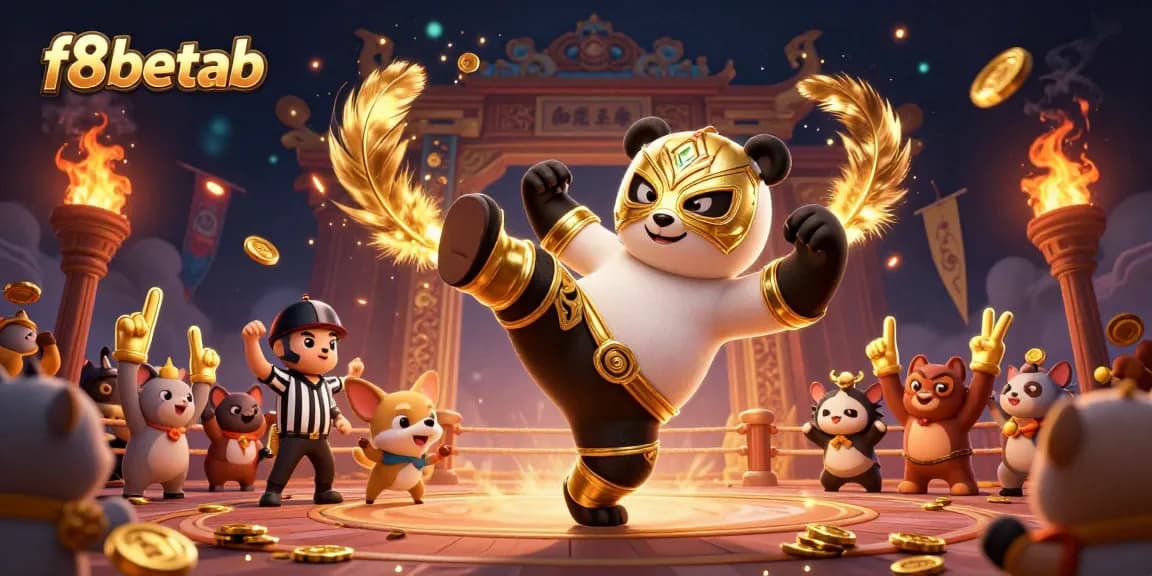 Experience the thrill of f8betab as the panda wrestler delivers a flying kick in a vibrant casino scene.