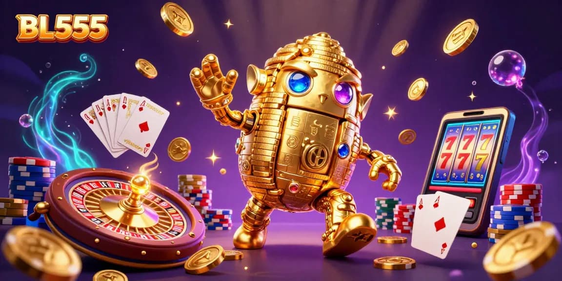 Experience the excitement of winning at BL555 with a vibrant 3D illustration showcasing golden golems and casino symbols.