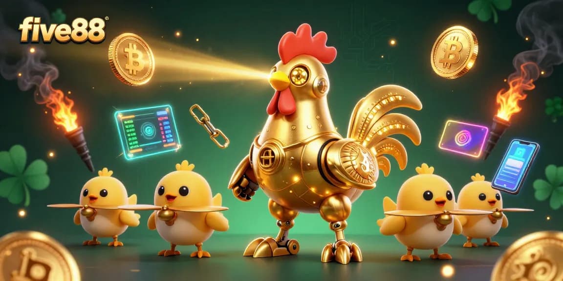 Engage with five88's golden rooster casino adventure, featuring crypto elements in a vibrant scene.