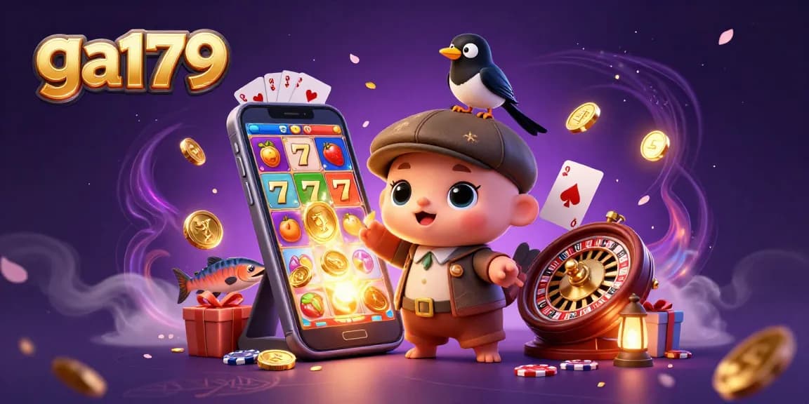 Playfully winning at ga179 with cartoon Nessie, slot games, and golden coins in a vibrant scene.