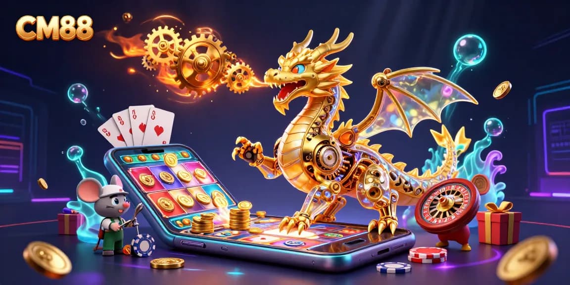 Experience CM88's vibrant casino action with a golden dragon and colorful games.