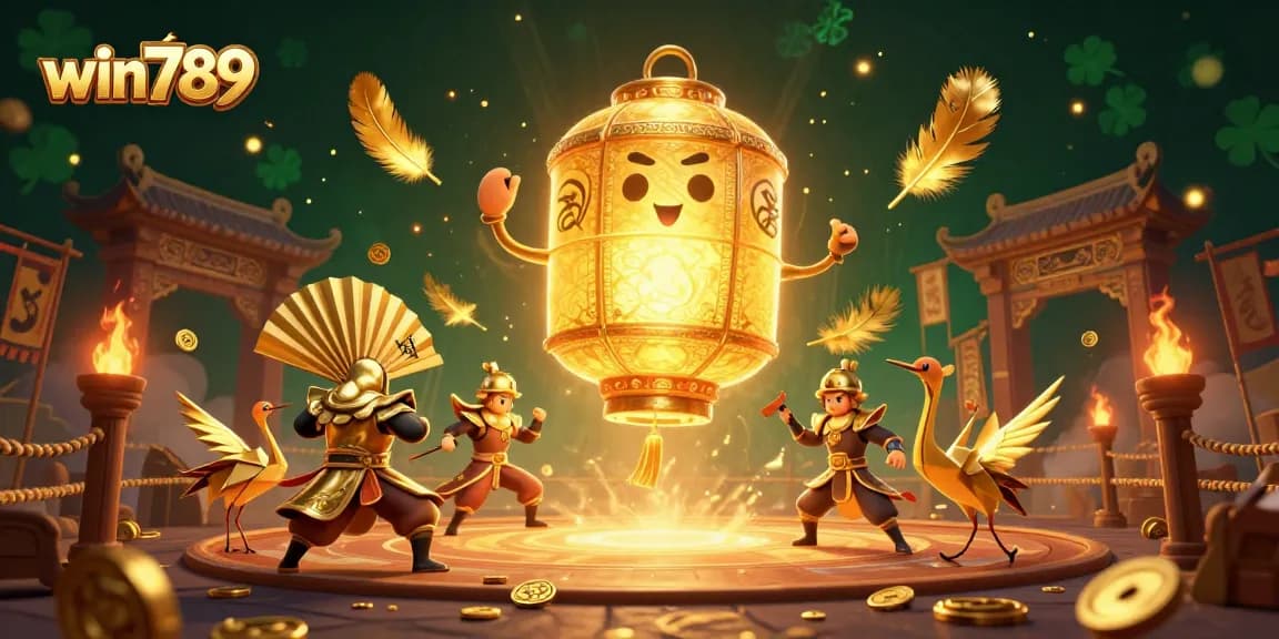 Win789 captivates players with a vibrant 3D illustration featuring a golden lantern spirit amidst a night market casino.