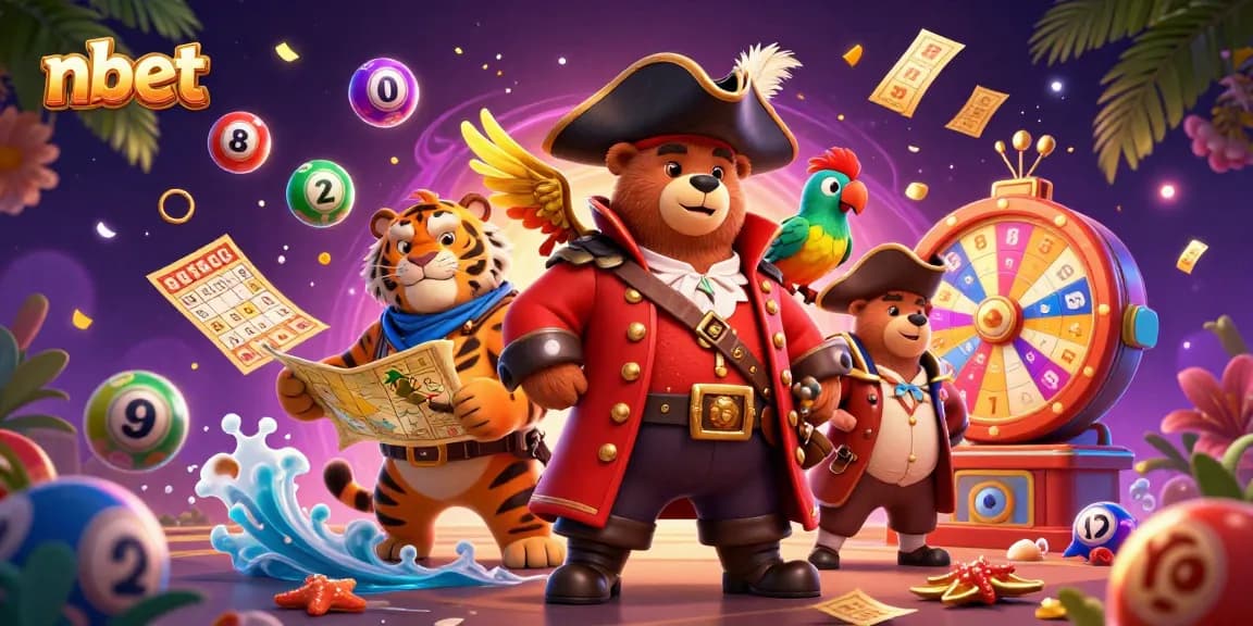 Join nbet with a vibrant 3D illustration featuring a pirate bear amidst exciting lottery and casino elements.