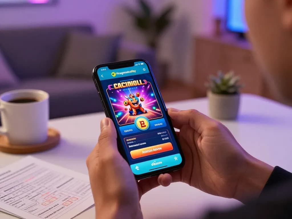 Engaging with Pragmaticplay app on smartphone in a cozy home setting for responsible gaming.