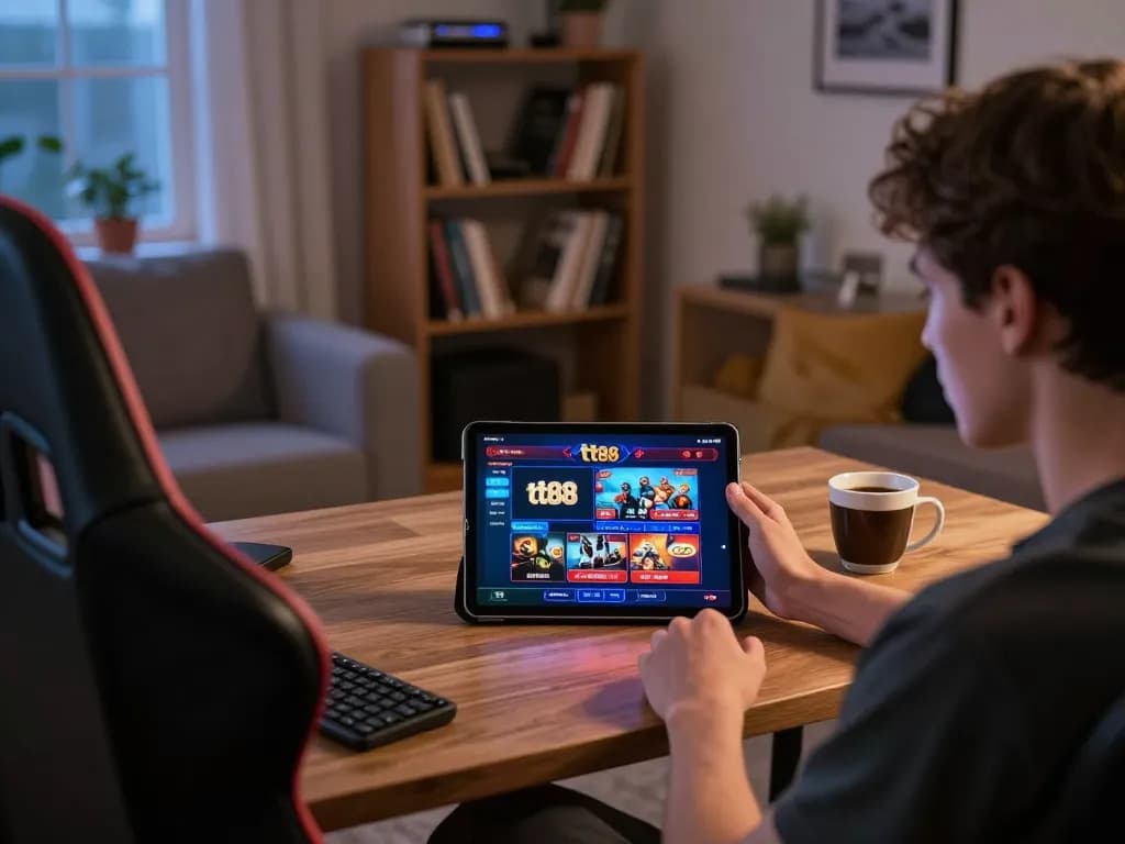 Engaging online gaming scene featuring a person using the tt88 casino tablet interface with cozy atmosphere