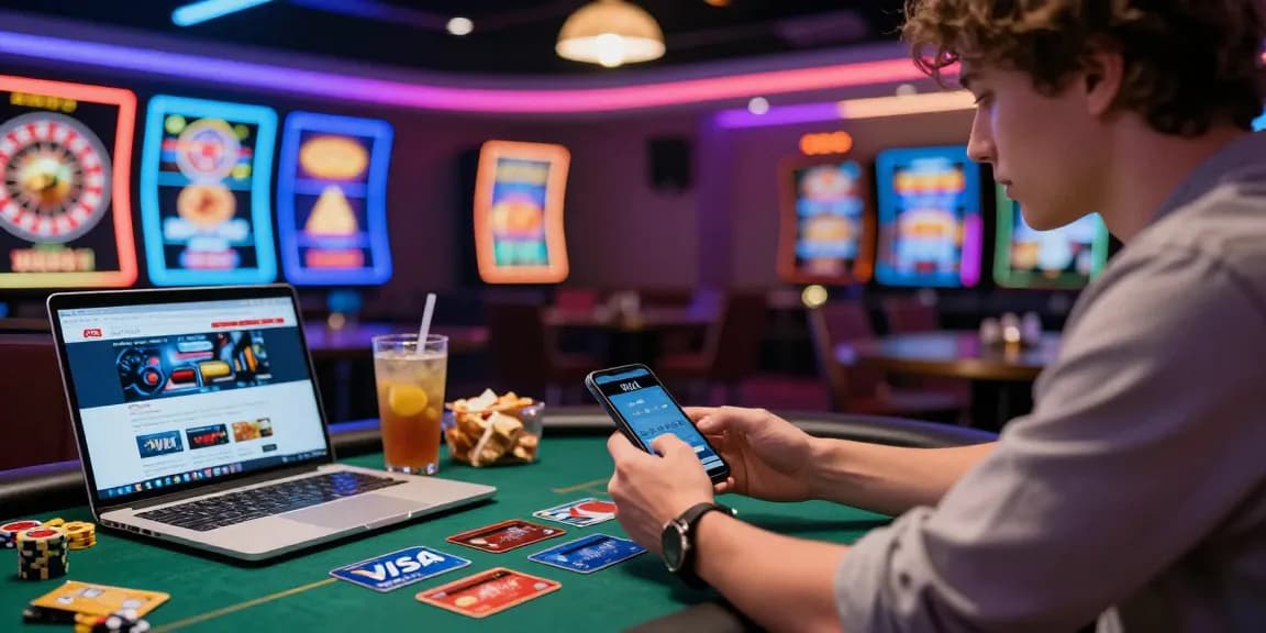 Engaging scene of a player enjoying credit card casinos, with colorful lights and gaming screens showcasing popular games and deposit options.