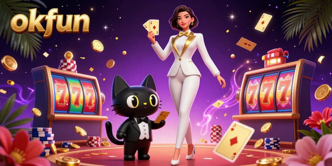 Experience the thrill at okfun with a glamorous scene showcasing a woman shuffling cards amid vibrant casino elements.