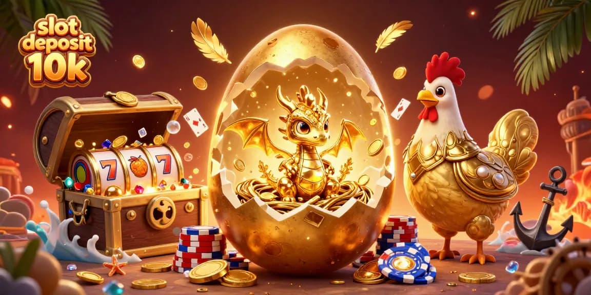 Mainkan slot deposit 10k dengan ilustrasi 3D yang menggambarkan naga emas dan karakter kasino.